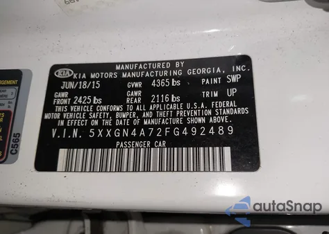 2015 Kia Optima Ex из США, поврежденный, VIN 5XXGN4A72FG492489